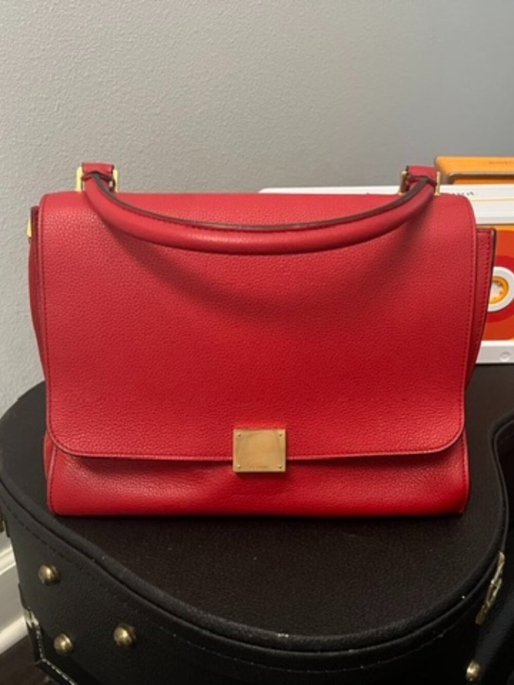 Celine Trapeze Red Leather Suede Wing Handbag with Strap